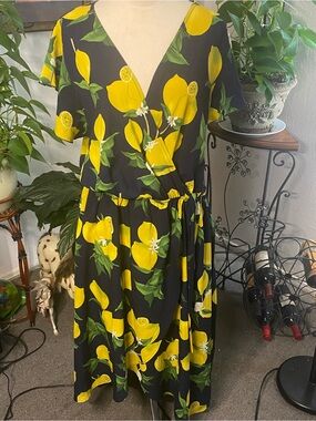 Scobe Black Maxi Dress with Yellow Lemon Print - Wrap Style